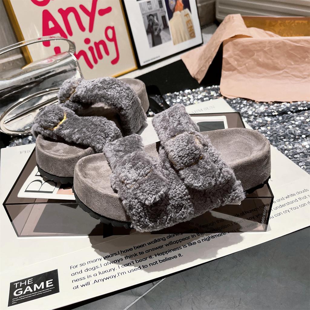 Winter Fashion Thick-soled Casual Lamb Wool Slippers Women Wear Lazy Fur Integrated Open-toed Fluffy Slippers Women's Shoes