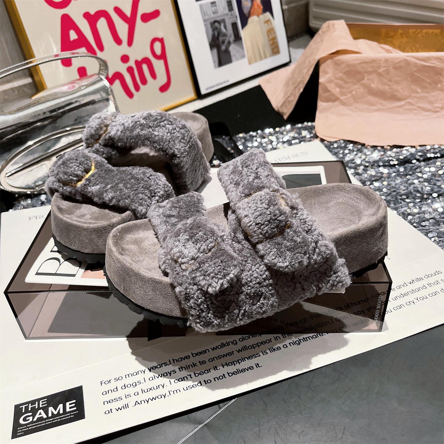 

Зимняя мода толстоподошвенные повседневные тапочки из овечьей шерсти женские носить ленивые меховые интегрированные с открытым носком пушистые тапочки женская обувь 40 серый