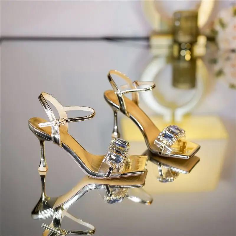 Fashion Sexy Open Toe Ladies Shoes Rhinestones Sandals for Women Silver Footwear High Heels One Word Summer 2024 with Strap Comfort F H