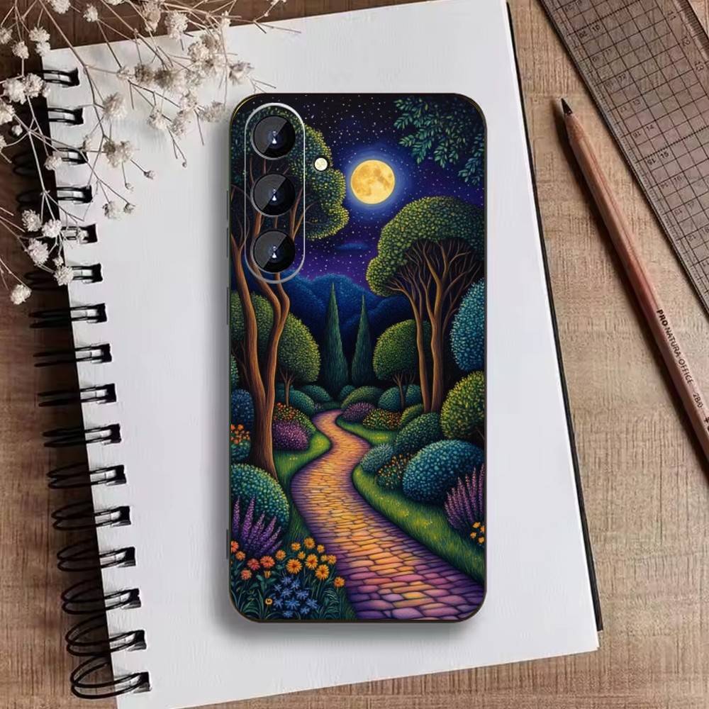 Starry Night Whimsical landscape Phone Case For Samsung Galaxy A73,21,22,32,71,53,52,51,80,5G Soft Black Cover