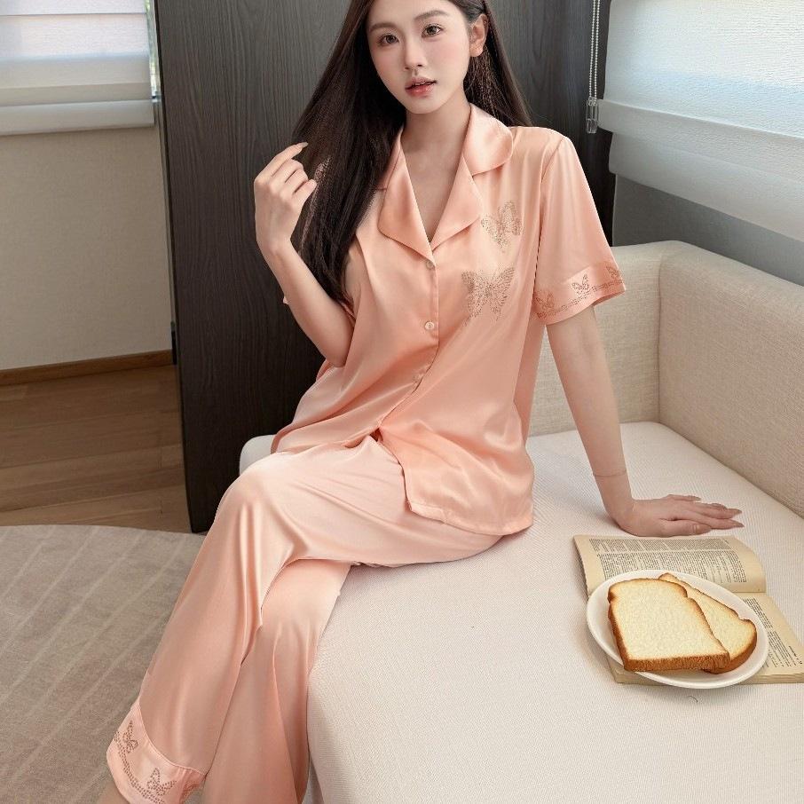 Hot Diamond Couple Pajamas Summer Ice Silk Thin Loungewear Set Short Sleeve Trousers Spring and Autumn New High Sense