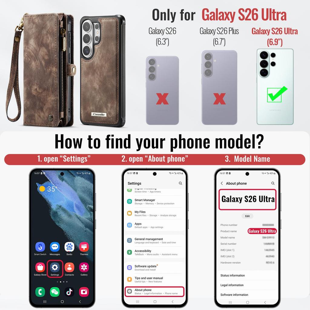 S26 S26Plus S26Ultra, Caseme-008 Multifunction Removeable Magnetic Card Bag Wallet Case for Samsung Galaxy S26 S26 Plus S26 Ultra