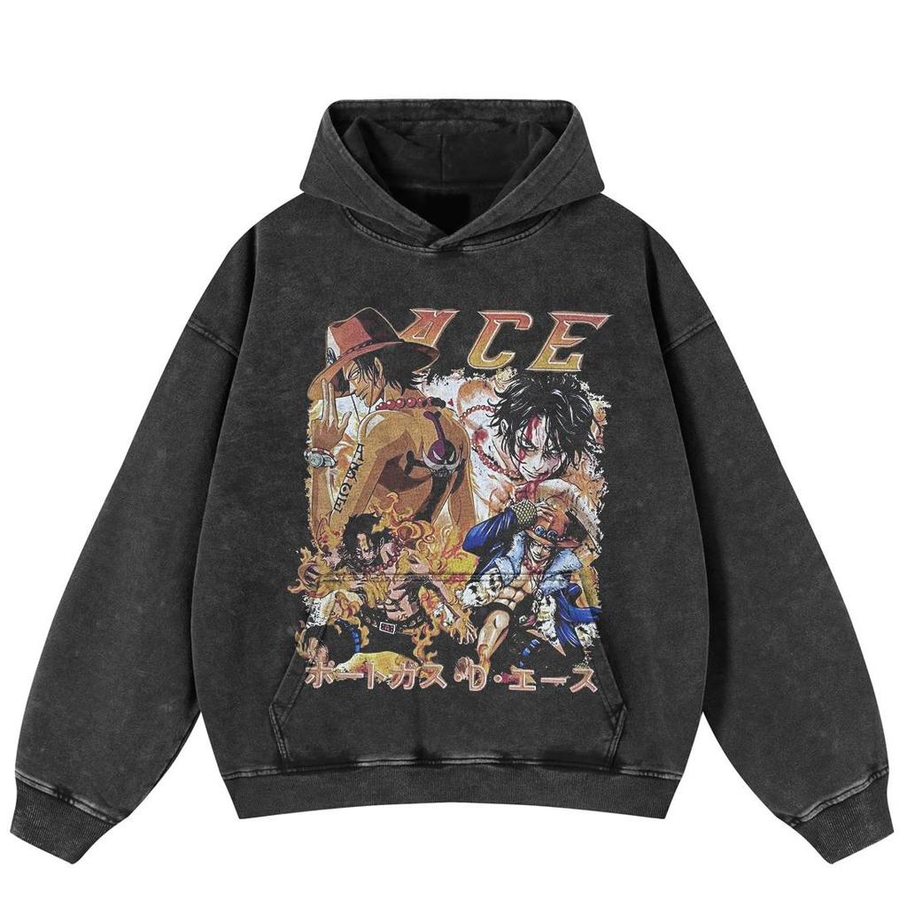 Streetwear Retro Japanese Cartoon Graphic Washed Black Oversized Unisex Y2K Hoodie