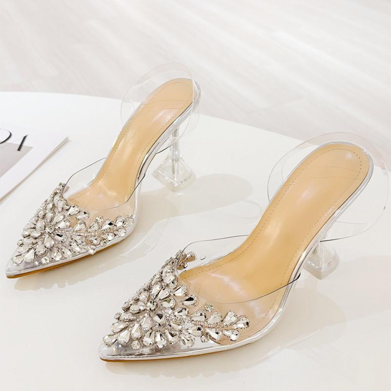 

Модные Роскошные Сандалии Женские из Прозрачного ПВХ со Стразами с Острым Носком на Тонком Каблуке Дизайнерские Летние Модные Сексуальные Банкетные Туфли для Платья 41 серебряный