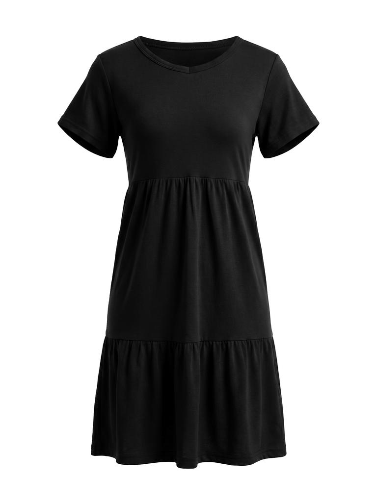 Womens V Neck Tiered Dress Short Sleeve Loose Casual Knee Length Dress