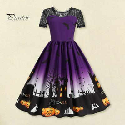 Damen Halloween Partykleid Aushöhlen Spitze Rundhals Retro A-Linie Großer Saum Spukhaus Fledermaus Bedruckt Kurze Ärmel Cosplay Abendkleid