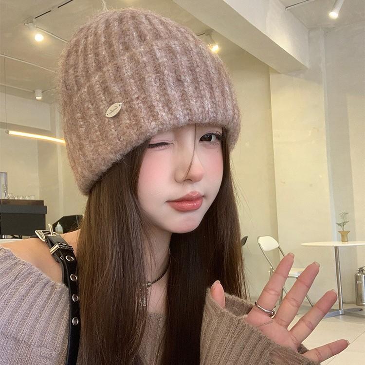 Blue Wool Hat Women's Autumn and Winter Versatile Face Small Knitted Hat Big Head Circumference Winter Warm Ear Protection Hat