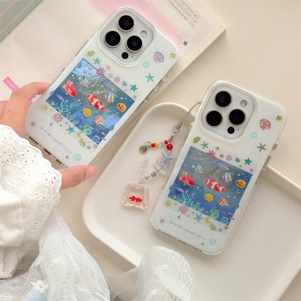 Korean INS cute ocean fish phone case for iPhone 13 14 15 16 Pro Max Fundas with charm kawaii cute protective cover For 15 pro