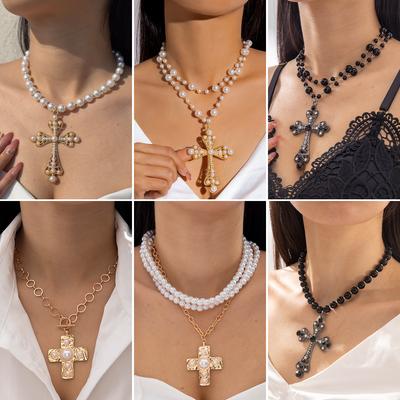 Exaggerated Personality Punk Style Imitation Pearl Necklace Cross Sweet and Cool Long Pendant Necklace Women
