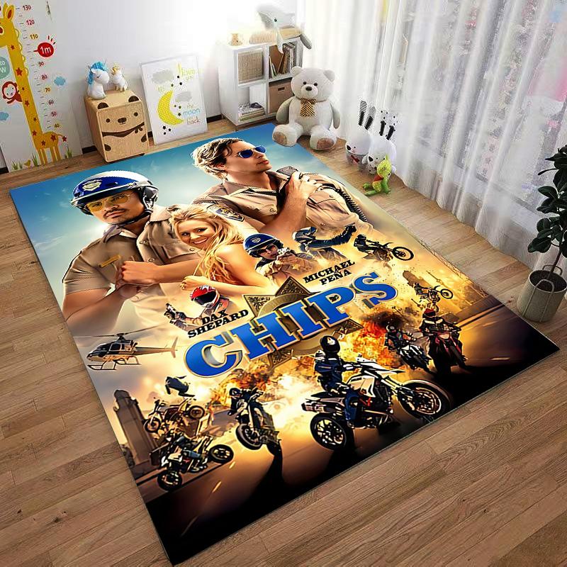 Durable Decorative Rug CHiPS Movie Motorcycle Cops Explosion Poster cute cartoon animated artwork non-slip area rug for lounge family room
