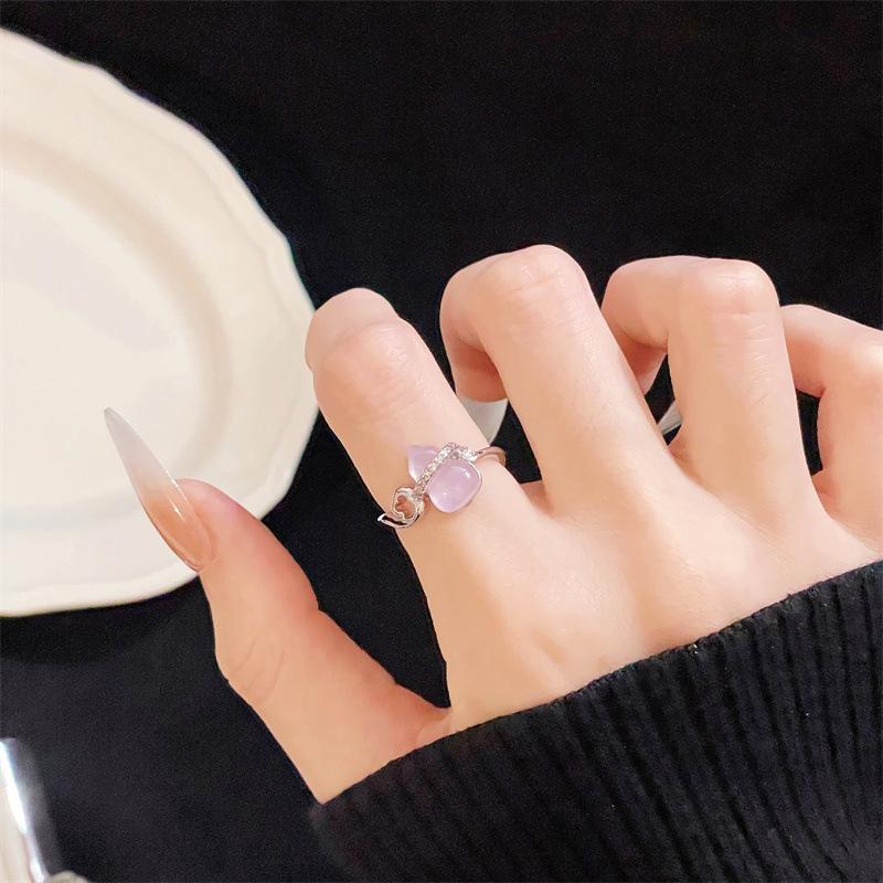 Violet Imitation Jade Gourd Open Ring With Diamonds Niche Design Light Luxury Unique High-End Sense Retro Ring Women