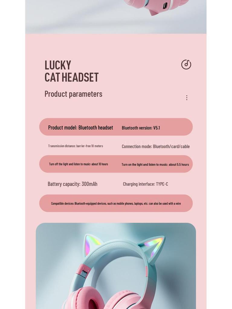 2025 Cat Ear Luminous Bluetooth Earphones with Long Battery Life & Stereo Sound