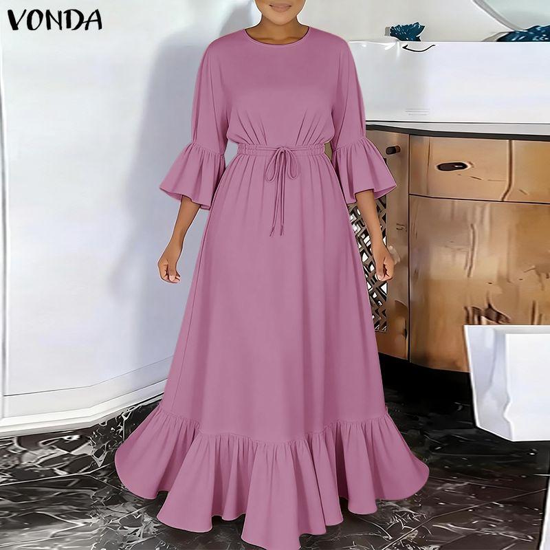VONDA Women V Neck 3/4 Sleeve Casual Loose Drawstring Waist Maxi Rufffled Dress Robes
