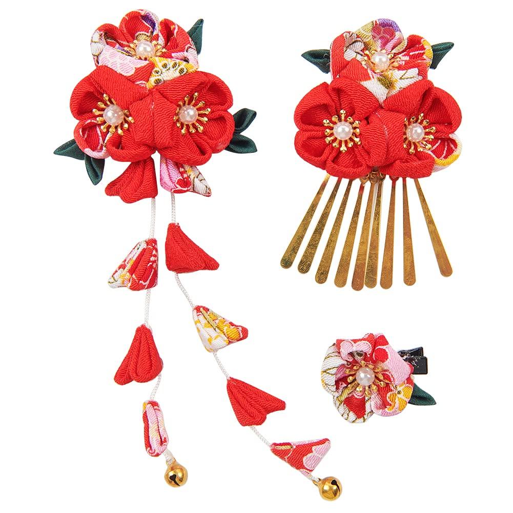 Hair Ornament Set for and Other Traditional Japanese Features Bells and 5 Colors Available 3-Piece Shichi-Go-San, Coming-of-Age Ceremony, Yukata,