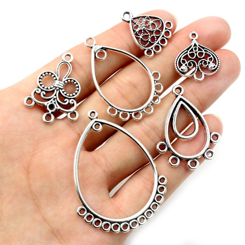 20pcs Antique Silver Plated Vintage Flower Drop Heart Retro Connector Charm Pendant DIY Necklace Jewelry Findings Accessories
