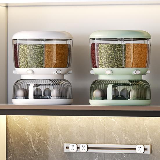 Wielofunkcyjny Pojemnik do Przechowywania w Kuchni Dwuwarstwowy Duża Pojemność Obrotowy Przezroczysty Szczelny Pojemnik na Zboże/Płatki Śniadaniowe Uchwyt na Jajka Artykuły Kuchenne