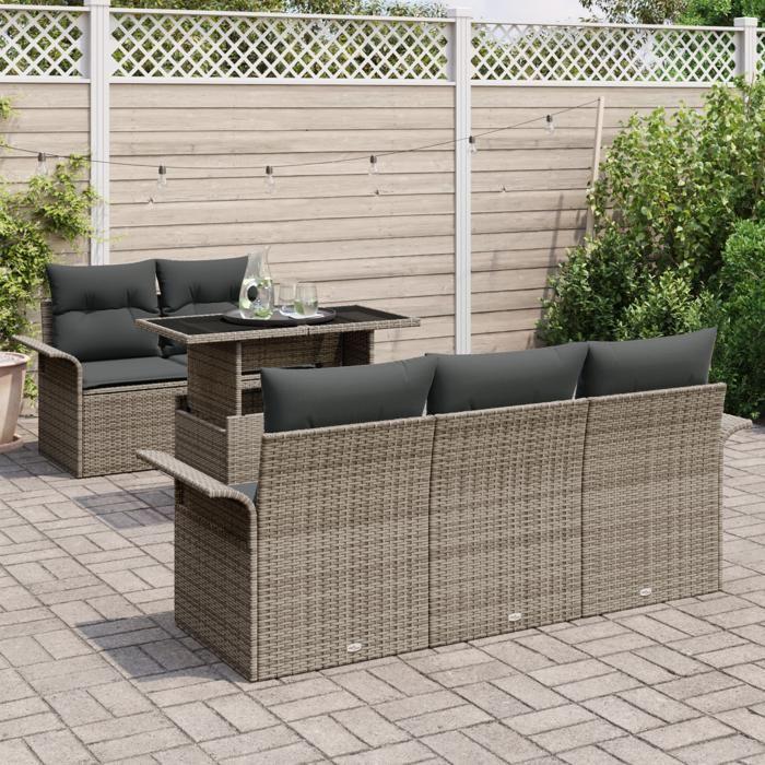 Set de Canapé de Jardin de 6 Pièces avec Coussins en Poly Rattan Gris, Canapé de Jardin de 2 Places avec Rangement et 3356932