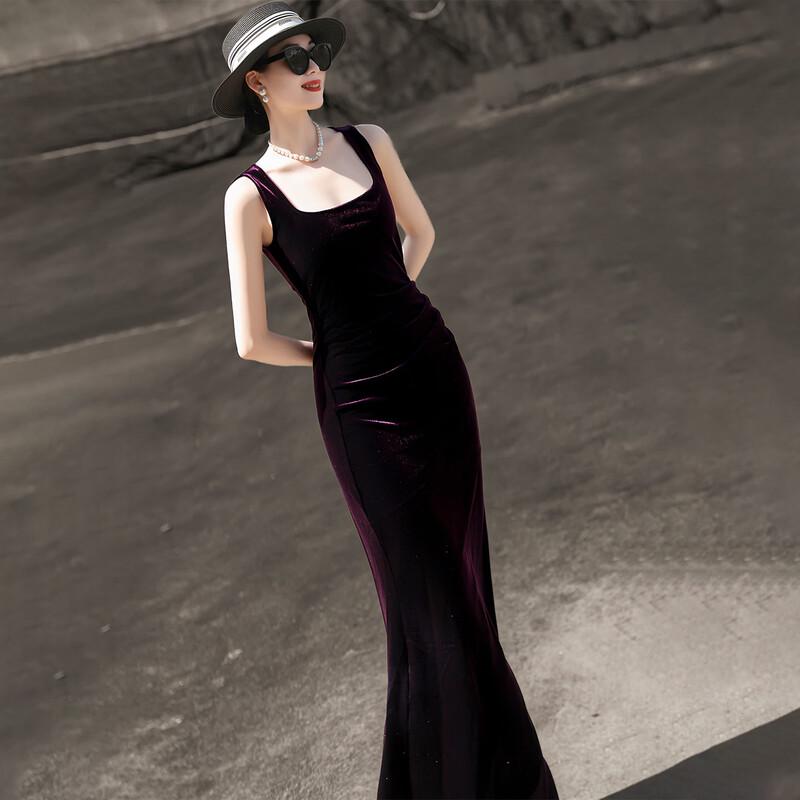 Women's Elegant French Retro Fishtail Velvet Sling Dress