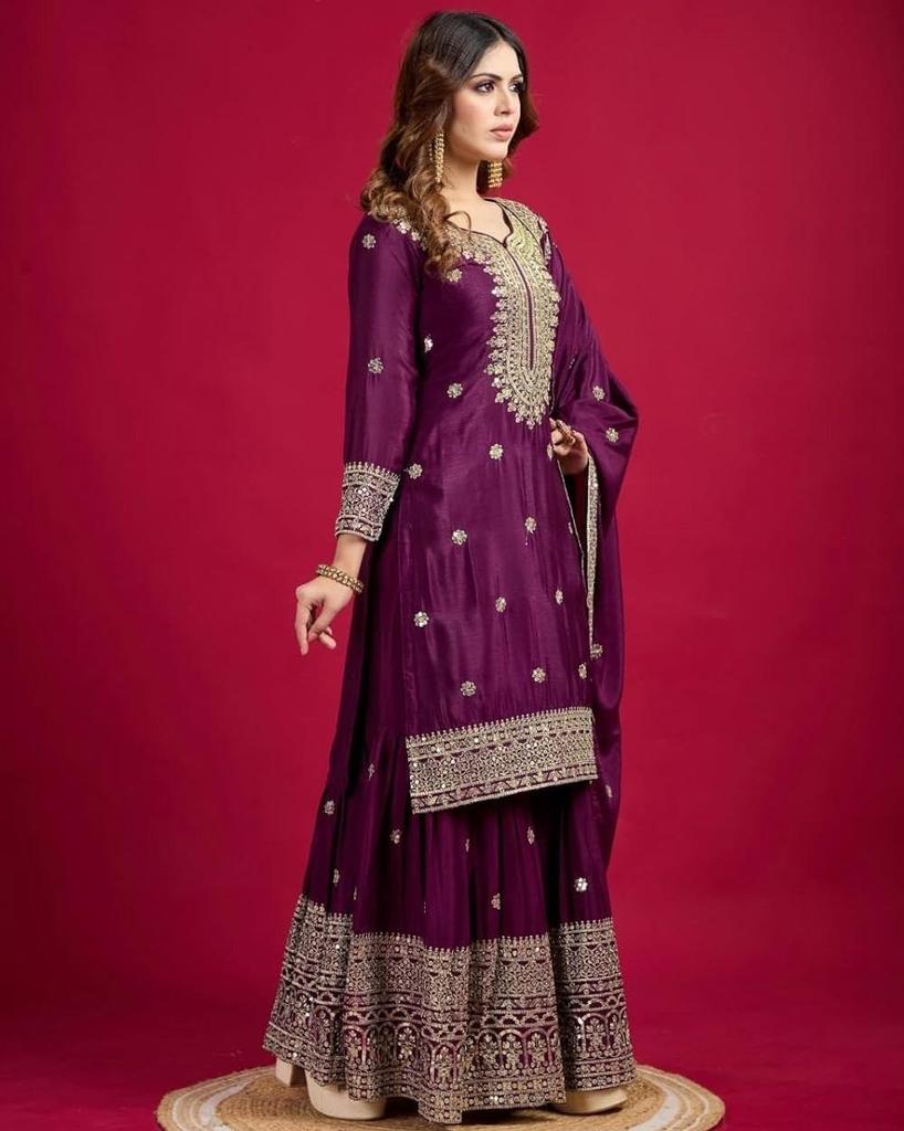 Women Traditional Wear Heavy Chinnon Salwar Kameez Indian Bollywood Pakistani Salwar Suit Palazzo Set