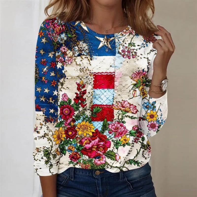 Autumn and Winter Women's 3D Geometric Printing Crew Neck Long Sleeve T-Shirt