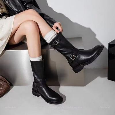 Botas Mujer Nuevo Otoño Tacón Grueso Marrón Bota Cowboy Occidental Hebilla de Cinturón Botines Retro Británicos