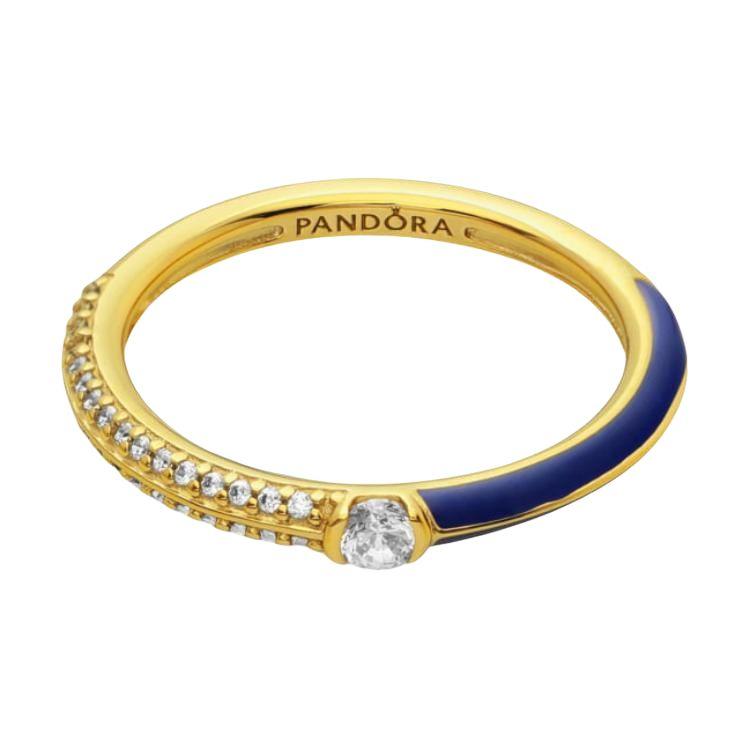 Pandora Paved Design Sterling Silver 14K Gold Plated Cubic Zirconia Ring Unisex ring Blue 162528C01-BLUE Box,54