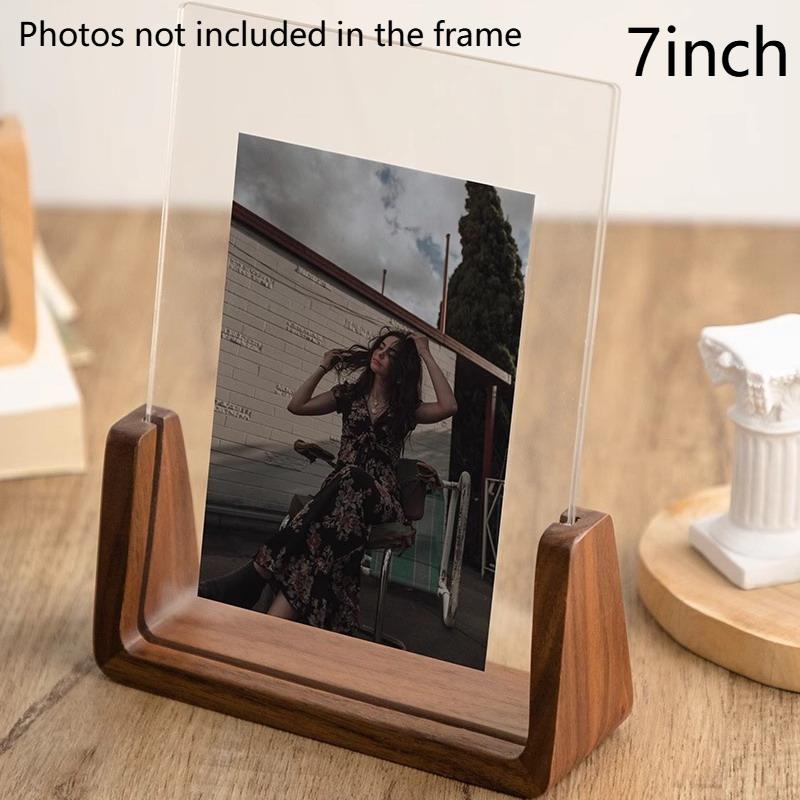 Modern U Shaped Acrylic Photo Frame Walnut/Beech Base Transparent Desktop Decor for Home Office Photo Display Gift