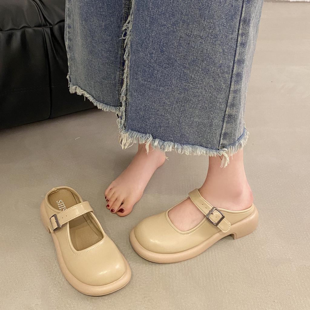 French baotou half-drag women's platform heightening retro 2025 spring new commuter small leather shoes Mary Jane cool slippers