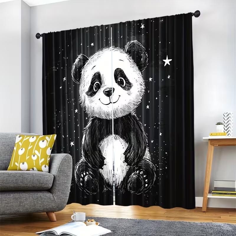 2PC Black & White Panda Curtains - Cute Cartoon Starry Print Window Drapes for Kids Bedroom Nursery Decor
