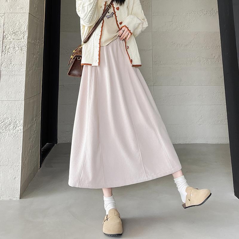 Women's High-Waisted Knit A-Line Midi Skirt, Spring/Autumn, Petite Pumpkin Umbrella Style