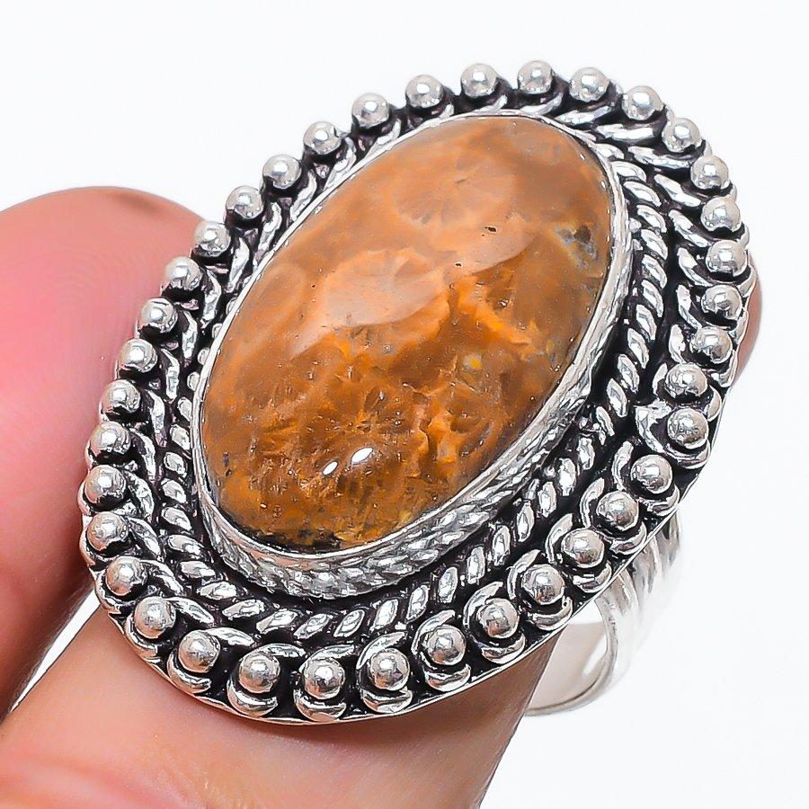 Fossil Coral Gemstone 925 Sterling Silver Jewelry Ring Size 10