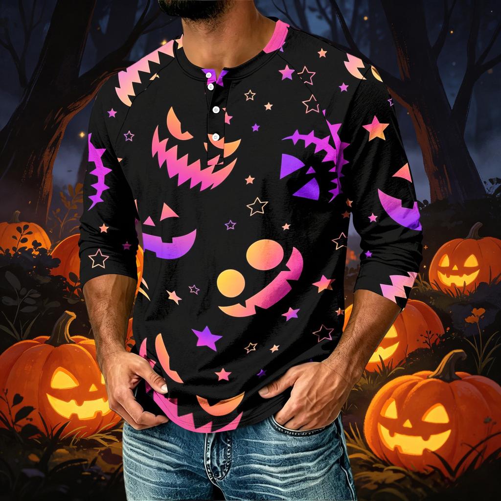 Men's Casual Shirt with Raglan Three-Quarter Sleeves - Halloween Print Top