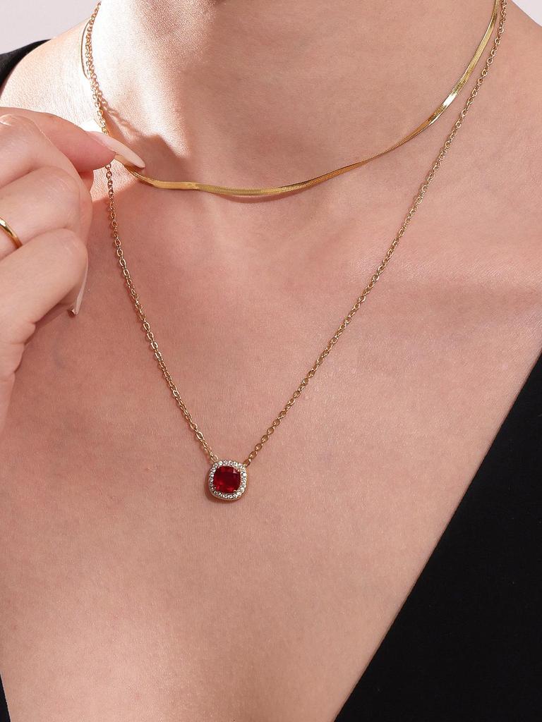 Stainless Steel Zircon Necklace, Ring & Earrings Set with Red Gemstones