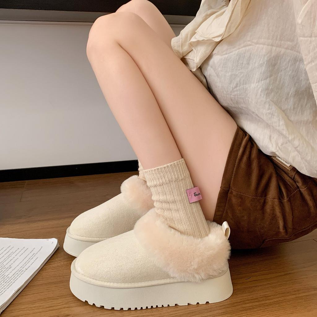 Thick-bottomed Low-top Warm Fluffy Snow Boots for Women's Winter New Plush Fur Integrated Bag Head Slippers Tide