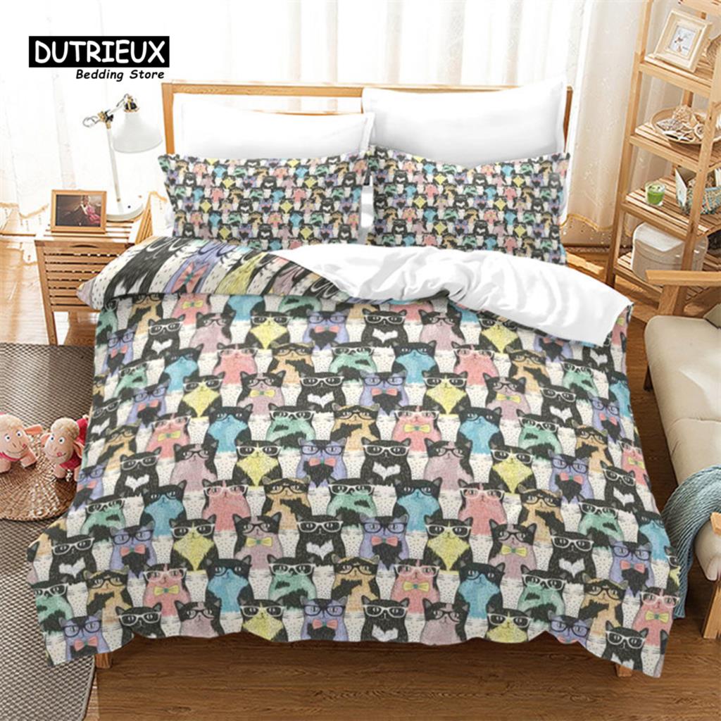Cute Cartoon Cat Duvet Cover Funny Cats Bedding Set Microfiber Animals Comforter Cover With Pillowcases Twin Full For Kids Teen