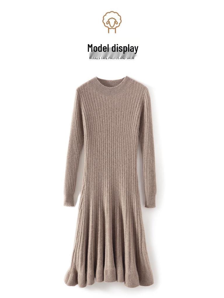 Women's Extra Long Wool Dress - Slim Fit, Round Neck, Autumn/Winter
