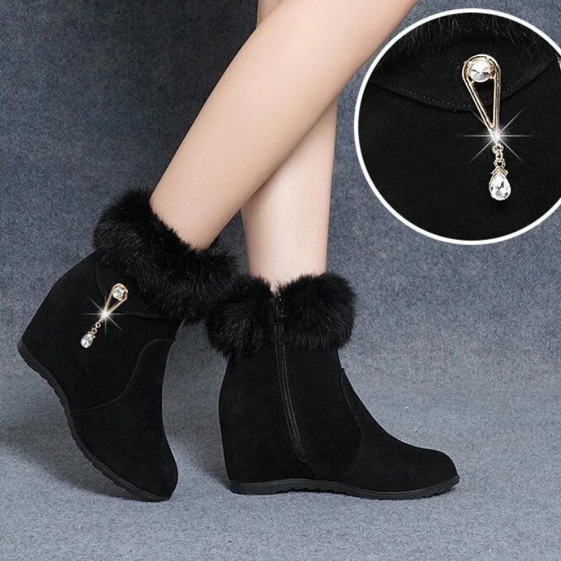 Winter Women's Wedge Ankle Boots Lncrease Height Women Pumps Metal Rhinestone Platform Shoes Plush Women Boots Comfortable Botas
