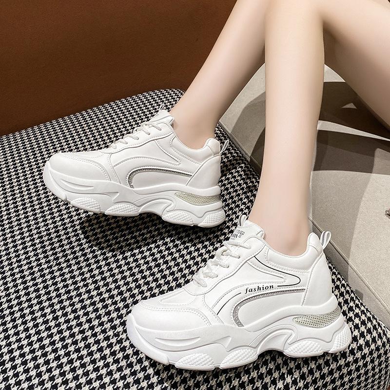 Leather casual sports shoes women's 2025 spring new heightening dad shoes women's fashion thick-soled running travel white shoes