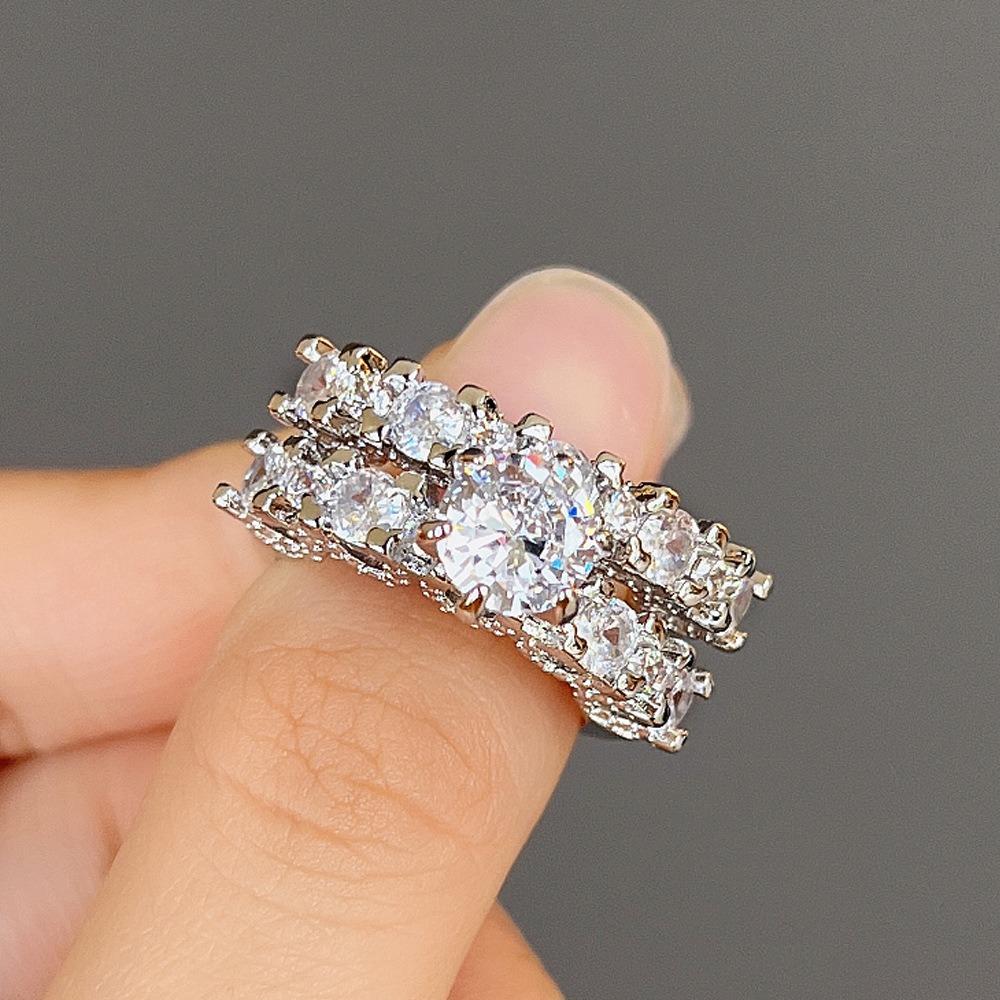 2Pcs/set Luxury Crystal Zircon Wedding Rings For Women Charm copper Color Shiny Engagement Rings Set Jewelry Accessories Gifts