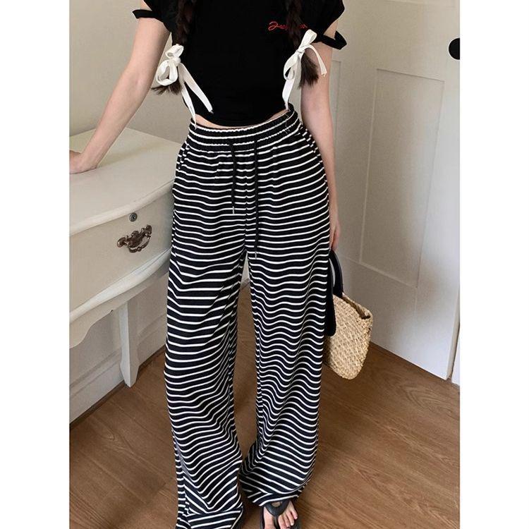 Women s Black & White Striped High-Waisted Wide-Leg Summer Lounge Pants L (80-110 lbs)