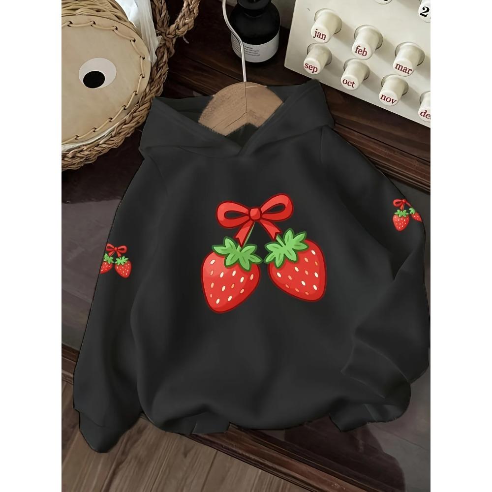 Kids' casual hoodie with a cute and sweet strawberry print, a versatile everyday style, suitable for children aged 3 and up.