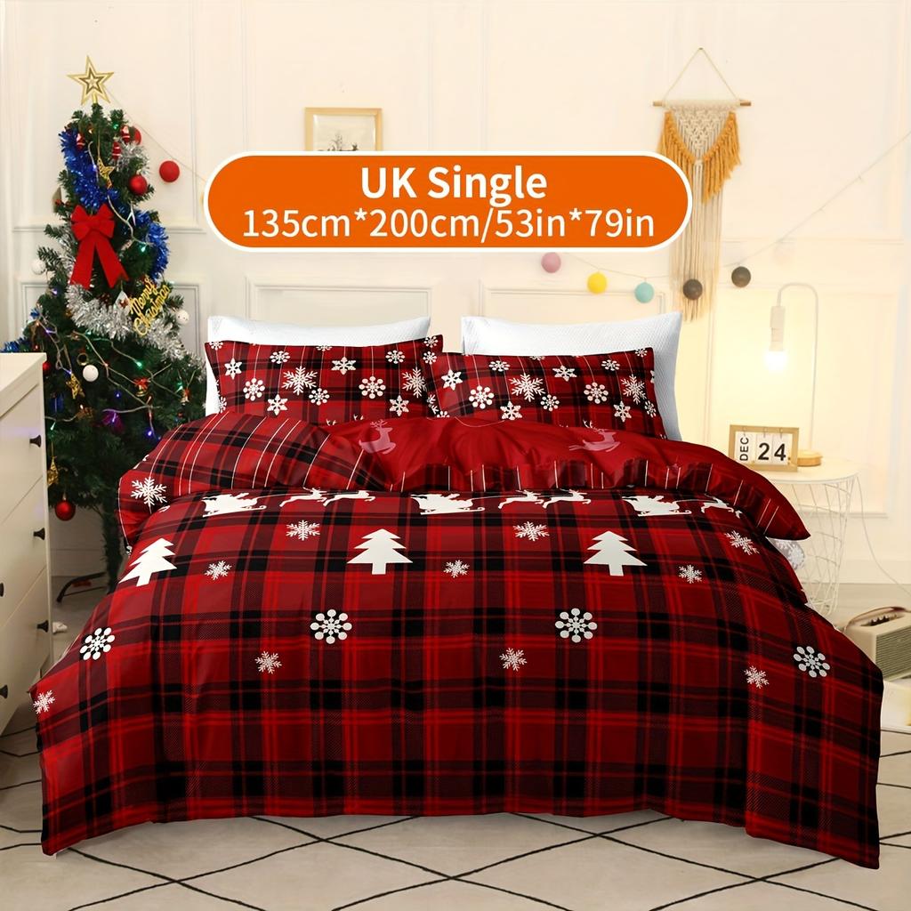 Christmas-Themed Duvet Cover Set - Checkered Elk Snowflake Print, Soft & Breathable, Perfect for Bedroom, Guest Room & Dorm!