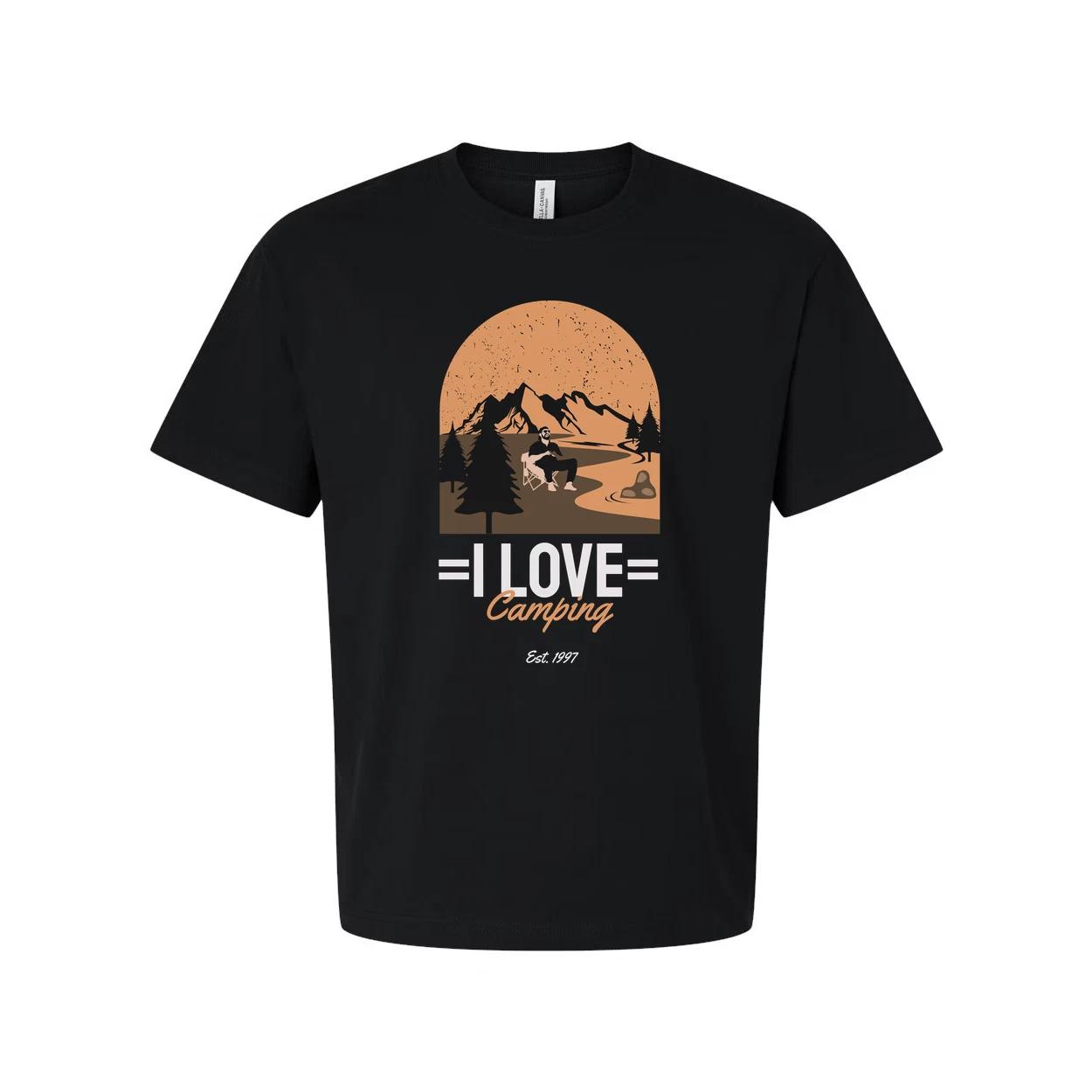 I Love Camping Graphic Unisex Tee With Mountain Range Forest And Sunset Arc For 3XL