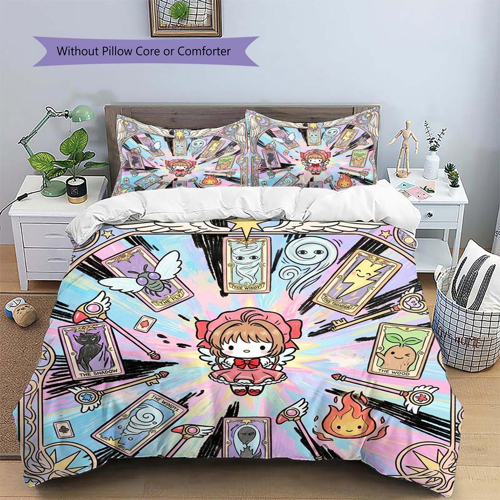 Cardcaptor Sakura Pattern Bedding Quilt Set Quilt Cover Pillowcase Home Decoration Birthday Gift (1 * Duvet Cover + 2 * Pillowcase, Without Core)