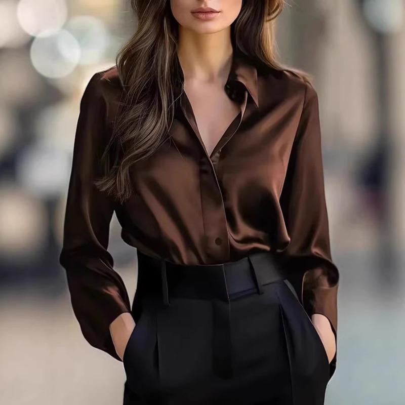 New Solid Color Temperament Commuter V-neck Shirt Spring and Autumn Loose Top for Women