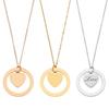 3Pcs 3 Colors 304 Stainless Steel Pendant Necklaces Flat Round with Heart Mixed Color 17.72 Inch(45cm) 1pc/color