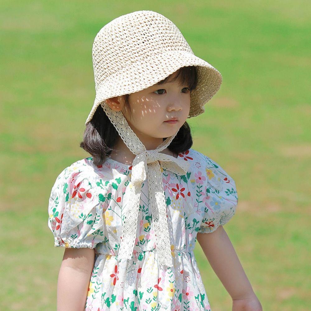 Spring Summer Children Straw Hats Outdoor Baby Sun Hat Trendy Lace Ribbon Straw Hat for Kids
