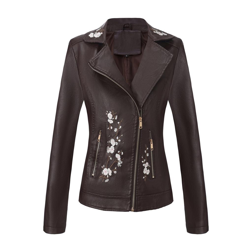 Nuova Giacca da Donna in Ecopelle Nera per l'Autunno; Cappotto in PU Ricamato Floreale Bianco; Top Marrone Scuro Stile Motociclista.