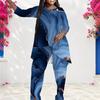 Women Plus Size Round Neck Long Sleeve Blue Printed Layered Top Long Pants Two Piece Set