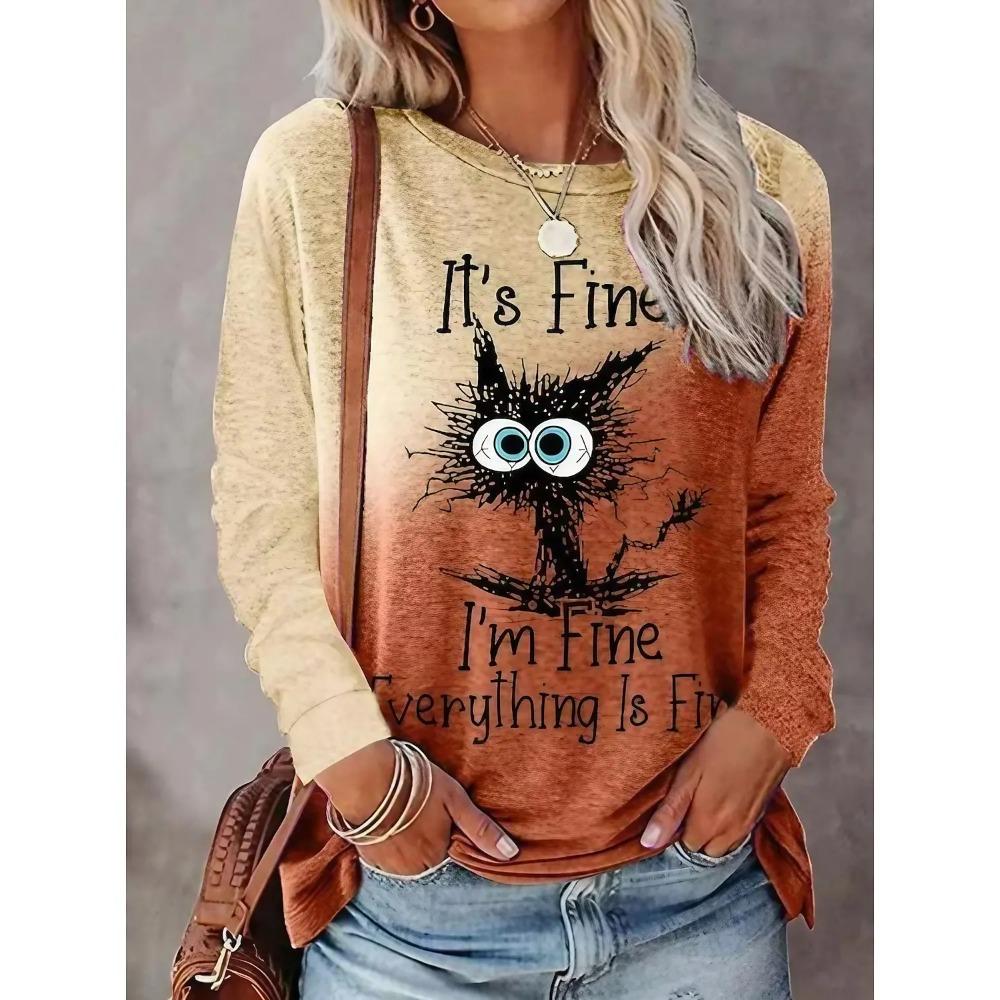 New 3D Cute Cat Printed Women's Casual Fashion Round Neck Long Sleeve T-shirt